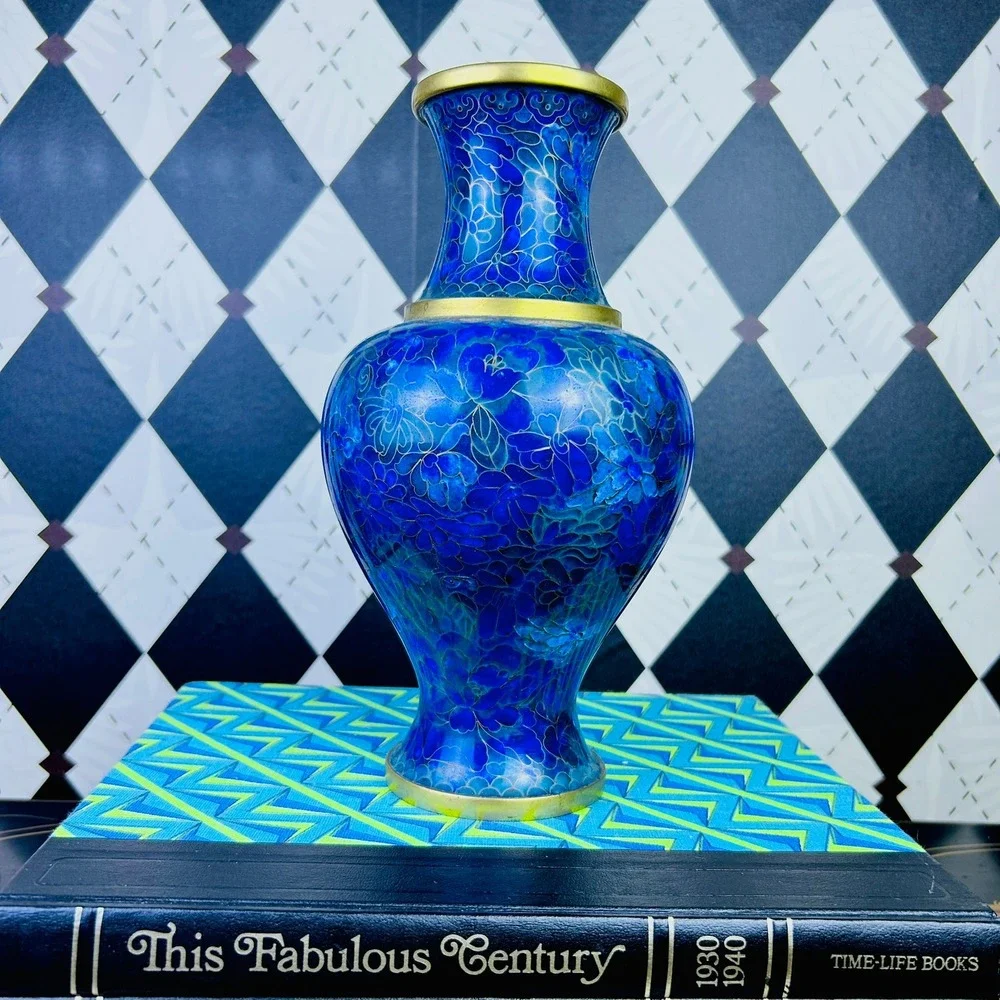 Vintage Blue Cloisonné Floral Vase Brass Trim 10" - Picture 3 of 10